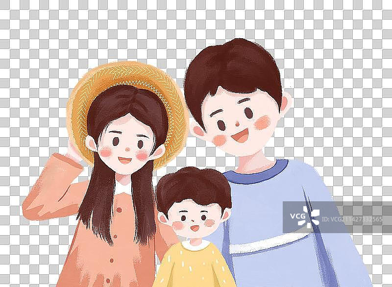 一家三口父子母子三人合照全家福欢快的扁平插画图片素材