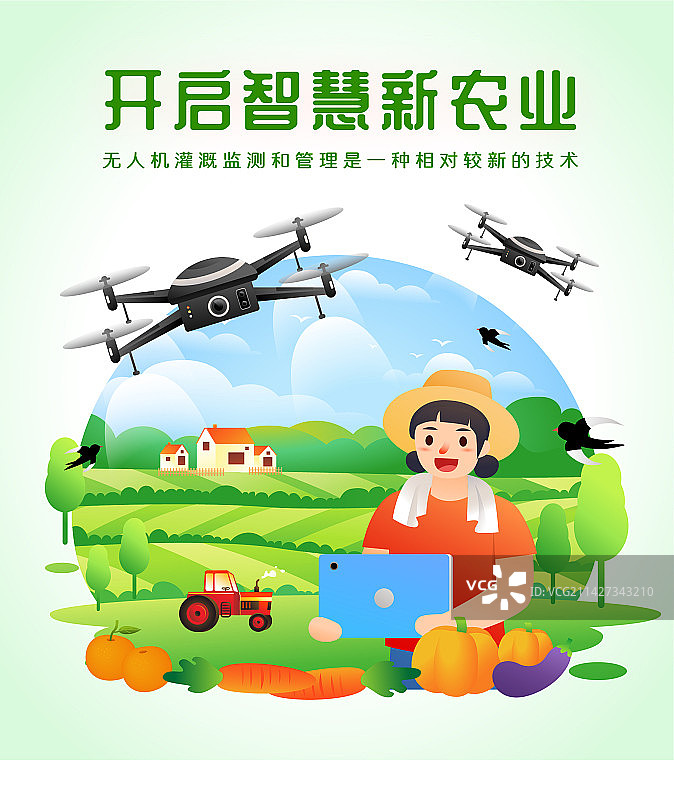 春天夏天新农村农业科技户外无人机浇水场景矢量插画海报图片素材