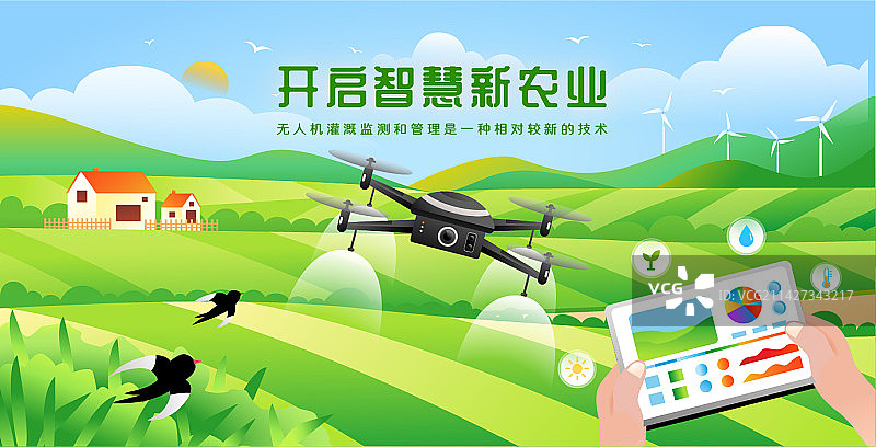 春天夏天新农村农业科技户外无人机浇水场景矢量插画海报图片素材