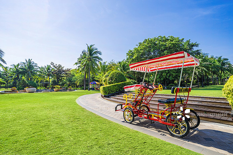 公园里小路上停放的四轮自行车图片素材