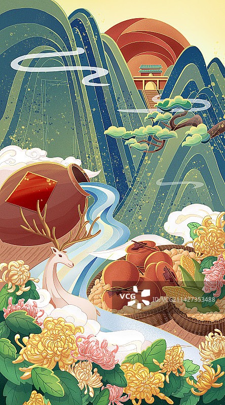 霜降秋天新中式国潮泰山柿子酒坛句话线描插画图片素材