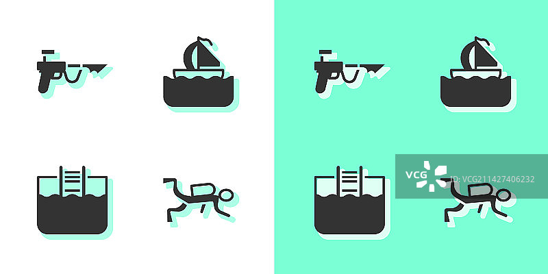 设置潜水员潜水钓鱼鱼叉游泳池图片素材