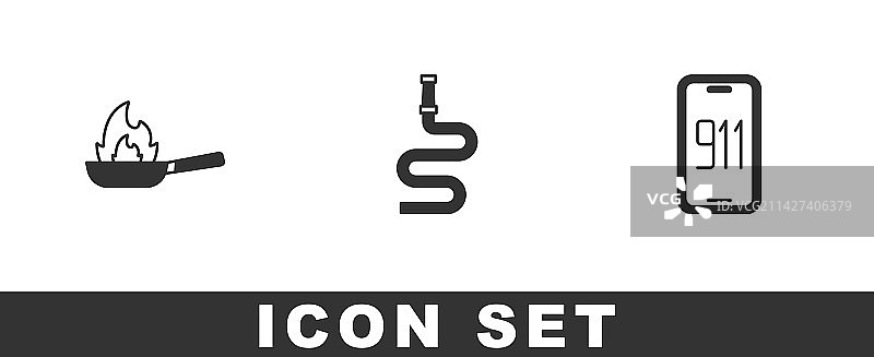 带火焰的平底锅、消防水带卷盘和手机套装图片素材