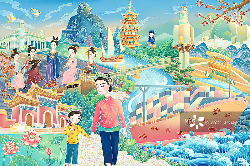 泉州城市地标人文手绘插画图片素材