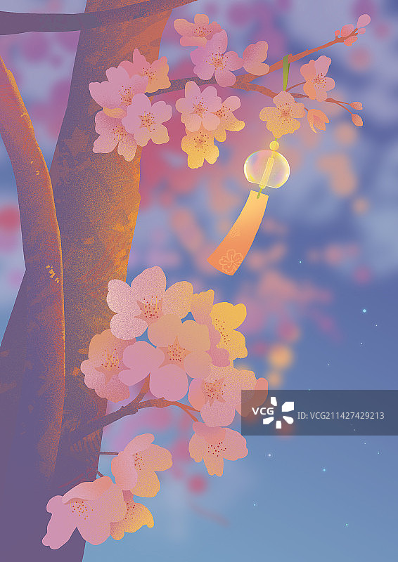 插画春天晚上樱花风铃图片素材