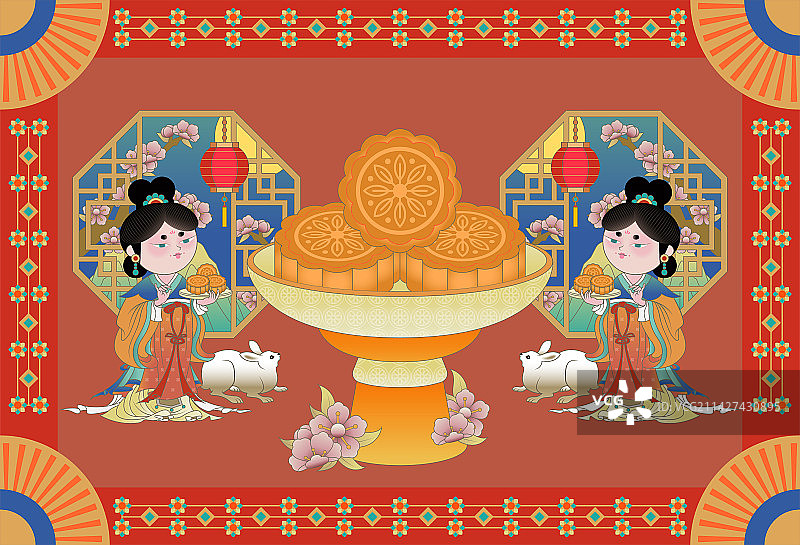中秋嫦娥月兔月饼节日插画图片素材