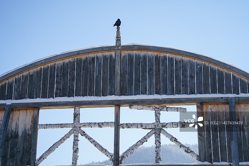 新疆阿勒泰禾木村晴朗冬日无人的禾木桥图片素材