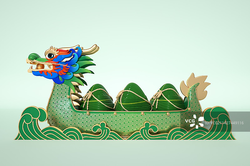 3D渲染的端午节粽子龙舟场景图片素材