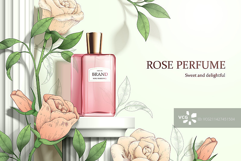 版画风玫瑰花与粉红玻璃瓶玫瑰香水广告图片素材