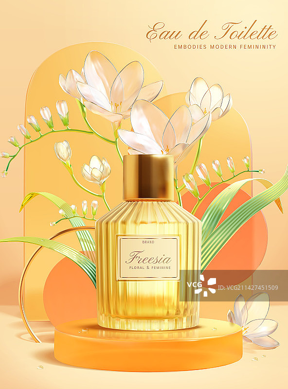 小苍兰花卉与展台上的橘色玻璃瓶香水广告图片素材