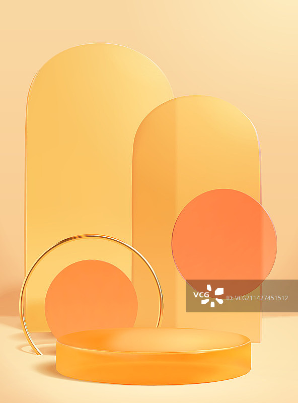 橘色拱门造型亚克力装饰品与展示台背景模板图片素材