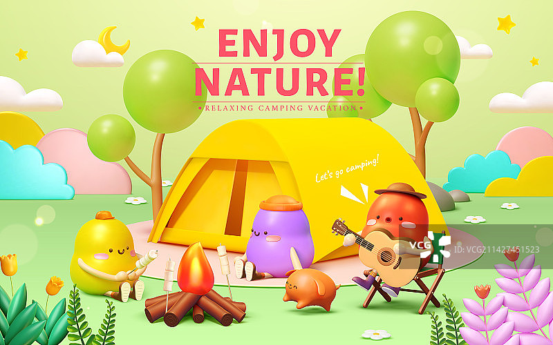 可爱卡通角色营火旁烤棉花糖与欢唱海报图片素材