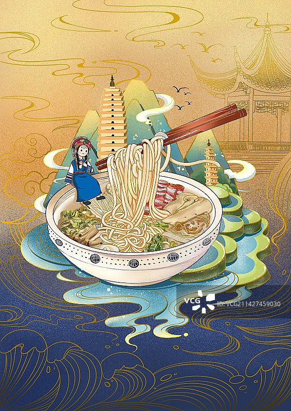 手绘传统美食云南过桥米线插画图片素材