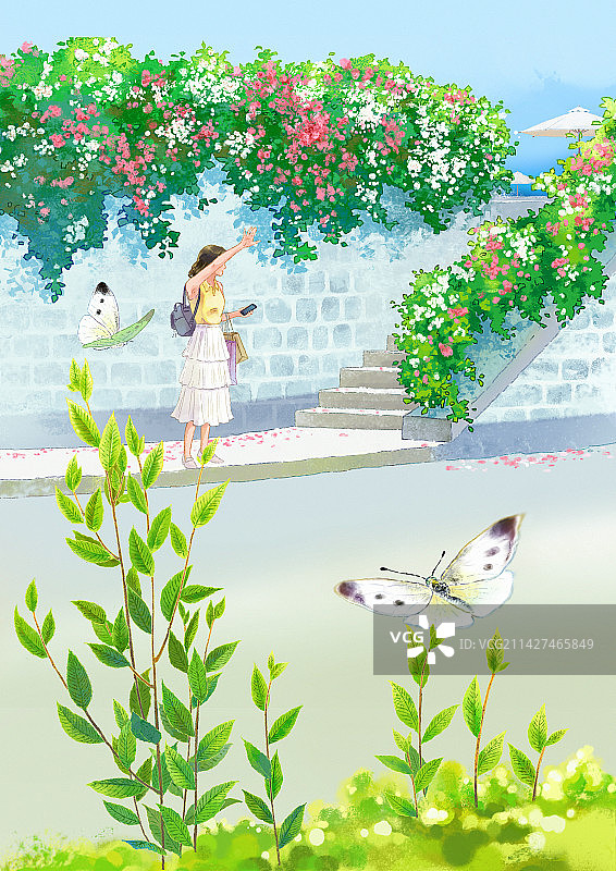 立夏花开蝴蝶飞舞一个女孩站在路边伸手拦车图片素材
