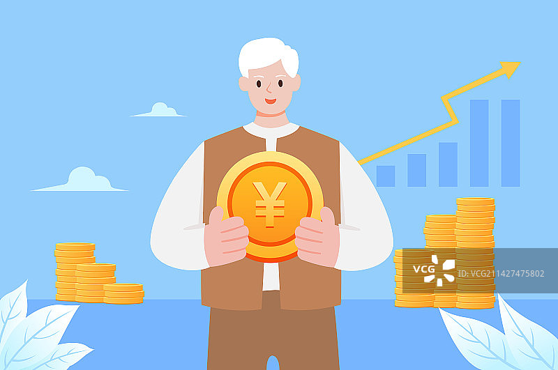 老爷爷拿着金币矢量插画，高端理财股市基金互联网金融证券活动，概念赚钱金币养老基金保险老年生活图片素材