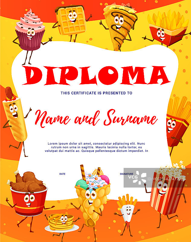 卡通快餐人物儿童文凭图片素材