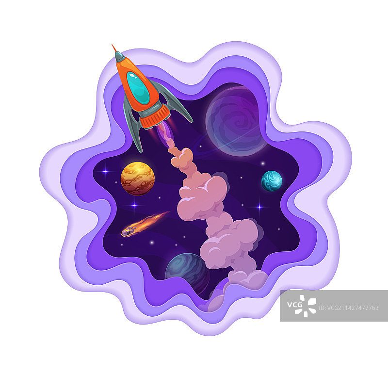 纸雕卡通3D太空火箭发射图片素材