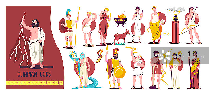 奥林匹斯众神扁平图标集图片素材