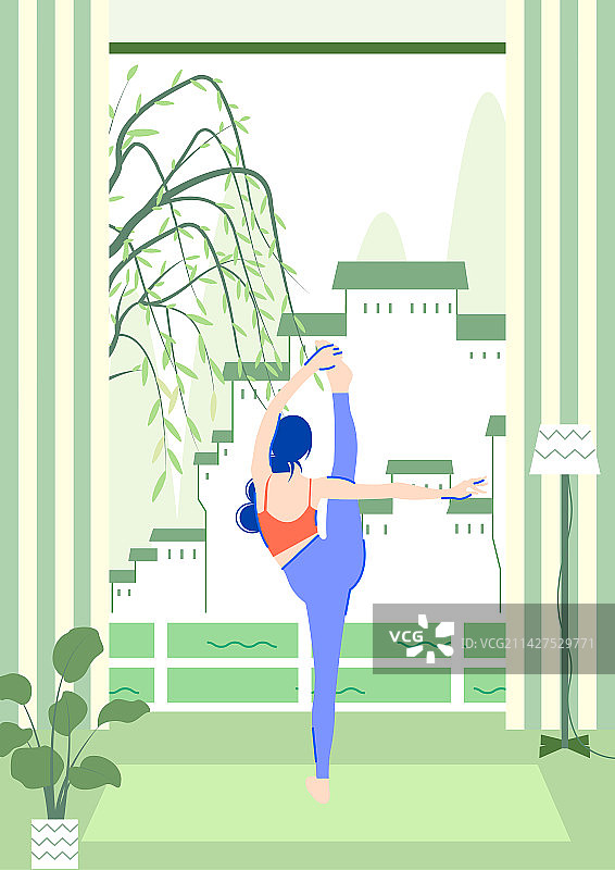 绿色扁平清新中国风背景女性瑜伽健身姿势竖版图片素材