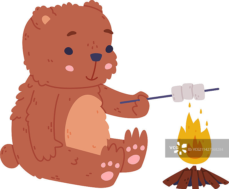 可爱的小熊坐在篝火旁烤火图片素材