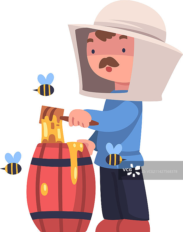 留着胡子的养蜂人抱着木桶蜂蜜图片素材