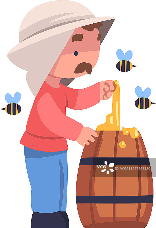 留着胡子的养蜂人抱着木桶蜂蜜图片素材