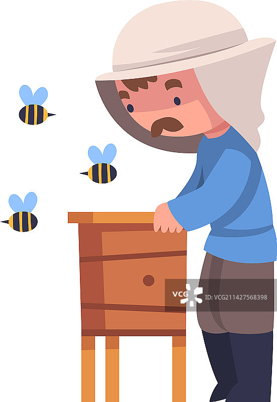 留着胡子的养蜂人在木制蜂箱附近图片素材