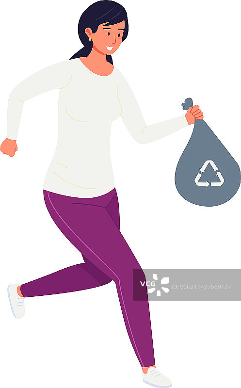 女子跑步倾倒可回收垃圾袋图片素材