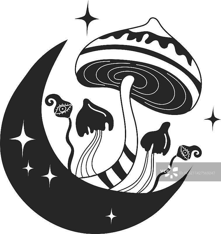 月牙新月上的神秘蘑菇，星空女巫图片素材