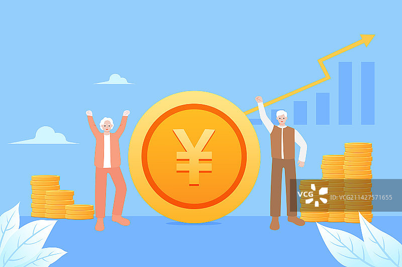 站在金币旁欢呼的老年人矢量插画，老年收入增长，养老基金证券理财金融图片素材
