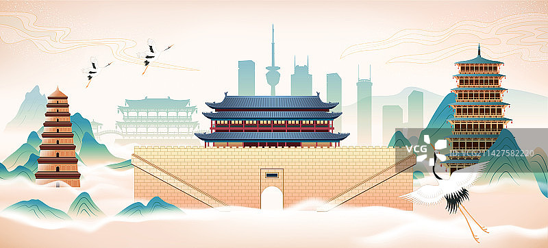 中国陕西省西安市国潮青绿山水城市彩色插画图片素材