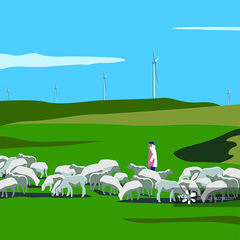 矢量风景蓝天草地羊群旅游插画图片素材