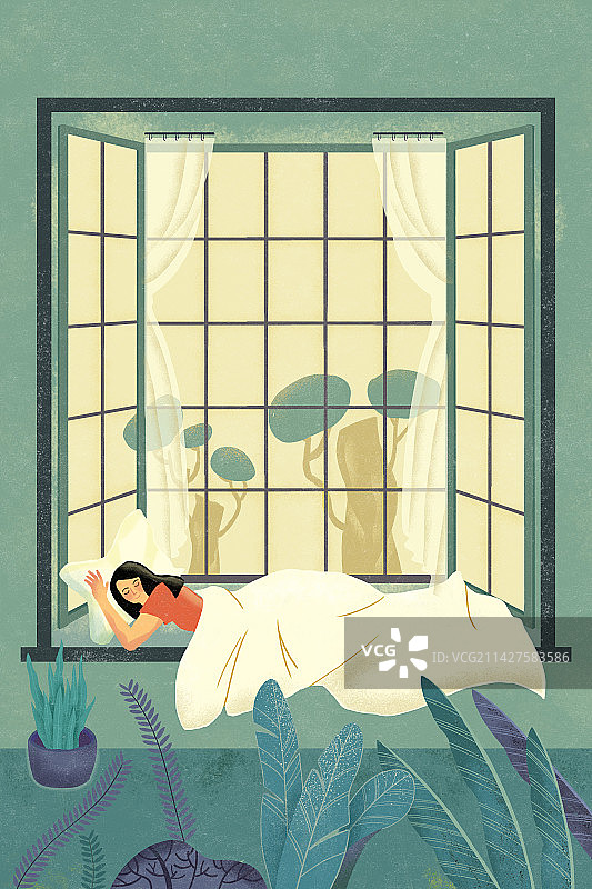 躺在卧室窗边睡觉的女人肌理插画图片素材