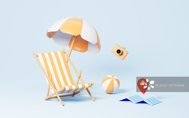 卡通风格的沙滩椅和旅游场景3D渲染图片素材