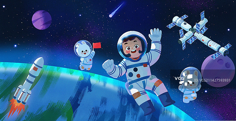 卡通太空宇航员太空站科技插画图片素材