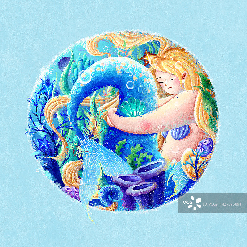 睡着的美人鱼蓝色清新激励肌理插画图片素材