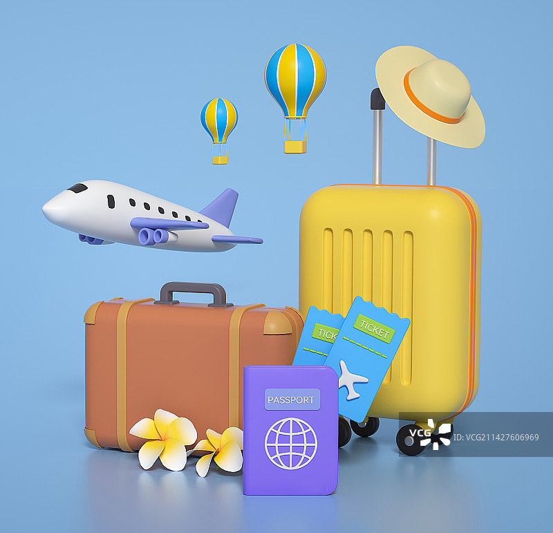 3D渲染的旅行元素组合场景背景图片素材