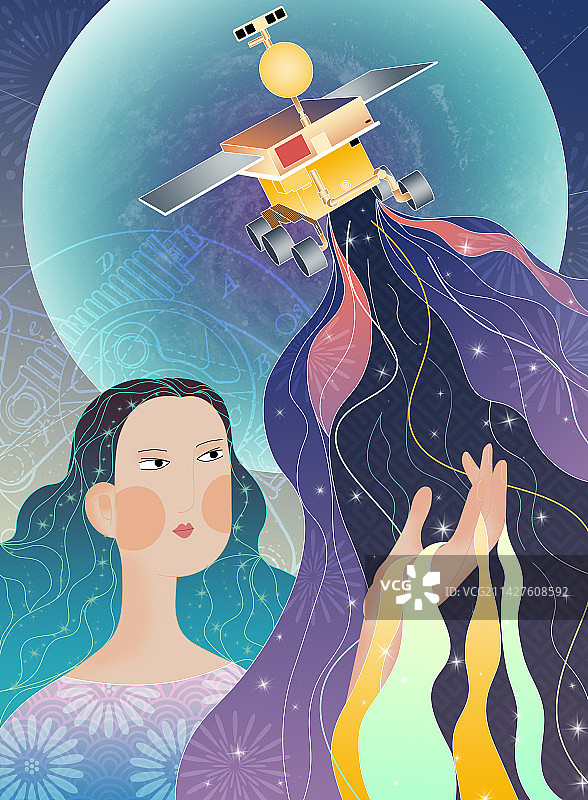 中国日报画风宇宙玉兔月球车科技航天探月星空手绘插画图片素材