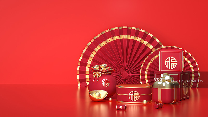 3D渲染的中国风年货节展台背景图片素材