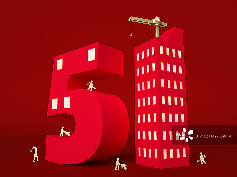 3D渲染的五一劳动节立体字建筑工地图片素材