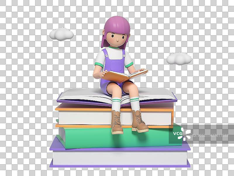 3D渲染的卡通读书女孩图片素材