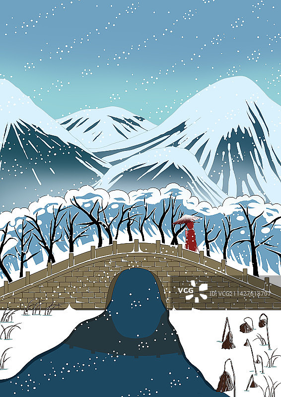 杭州西湖十景国潮国风风景插画断桥残雪图片素材