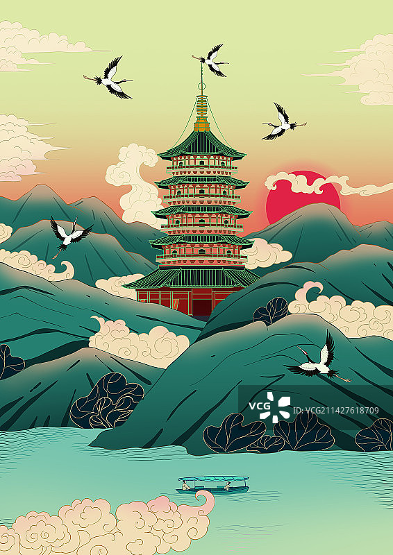 杭州西湖十景国潮国风风景插画雷峰夕照图片素材
