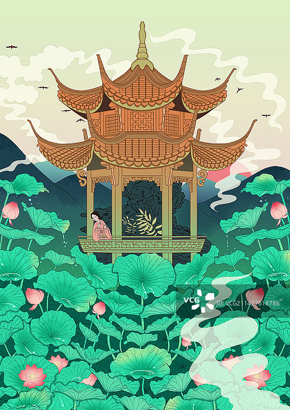 杭州西湖十景国潮国风风景插画曲苑荷风图片素材
