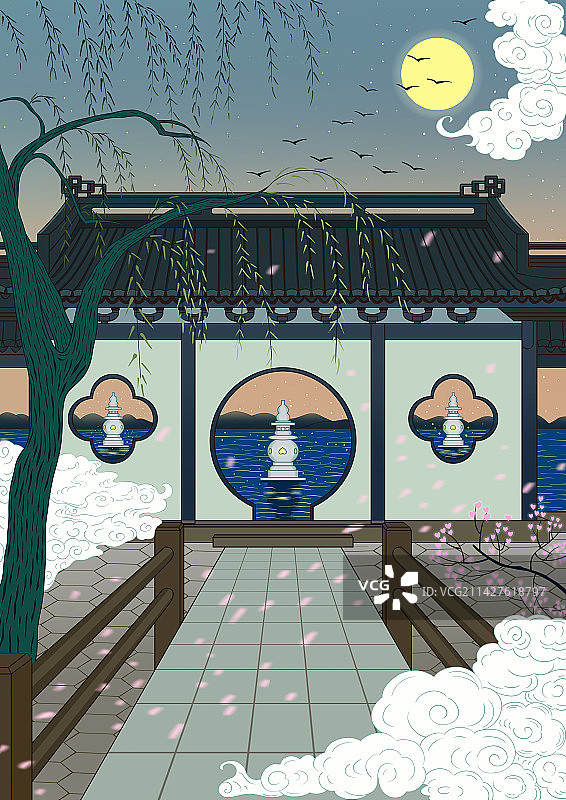 杭州西湖十景国潮国风风景插画三潭印月图片素材