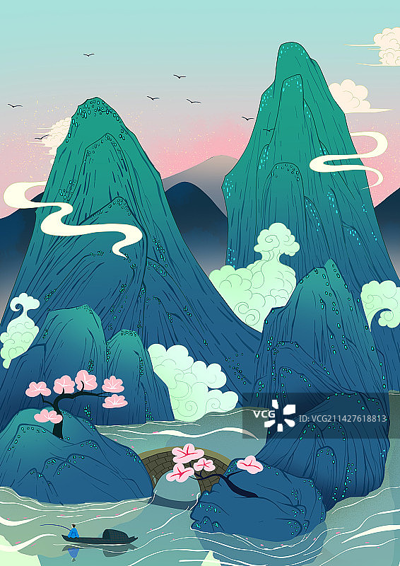 杭州西湖十景国潮国风风景插画双峰插云图片素材