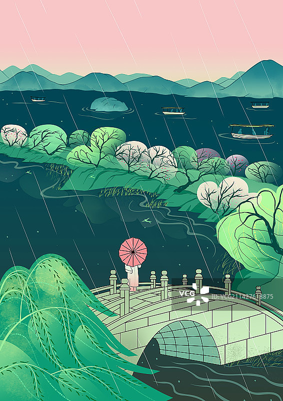 杭州西湖十景国潮国风风景插画苏堤春晓图片素材