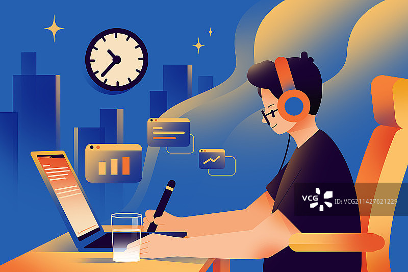 男人在夜晚学习充电图片素材