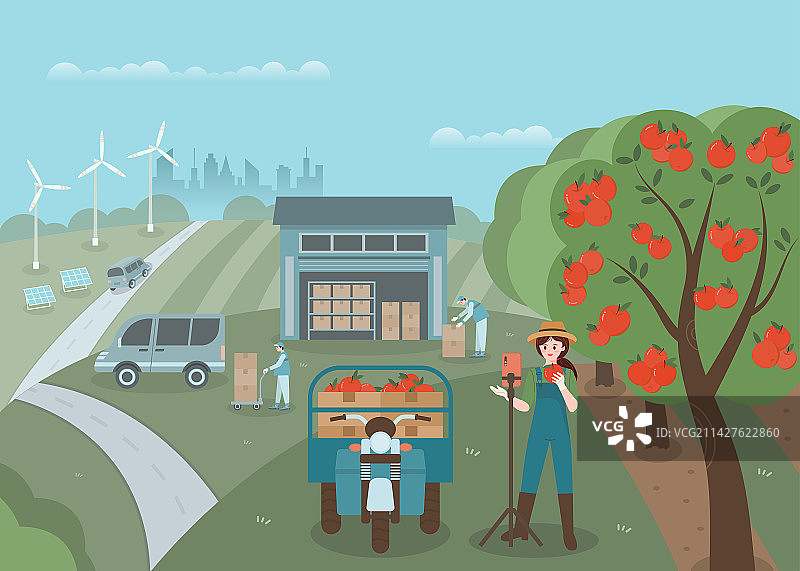 农村电商直播和寄递物流结合插画图片素材