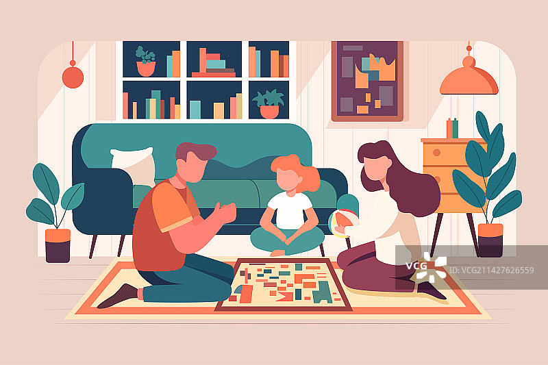 儿童节一家人亲子教育居家互动室内游戏插画图片素材